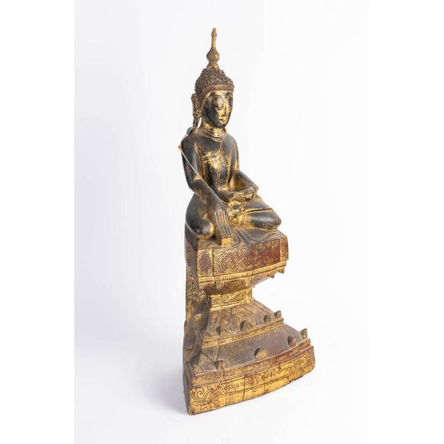 Antique Lacquered and Gilded Wooden Sculpture of Seated Buddha, 1800s For Sale - Image 3 of 11