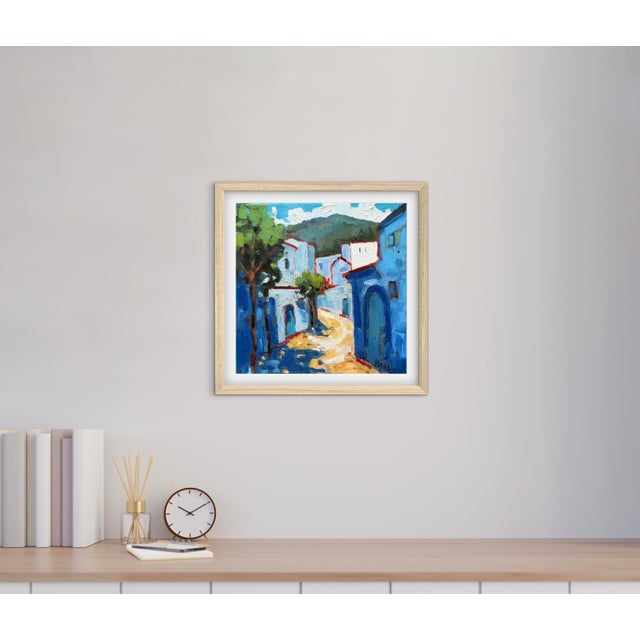 Textile Chefchaouen, Blue City Rhythms, Morocco Modern Impressionist Oil Painting For Sale - Image 7 of 7