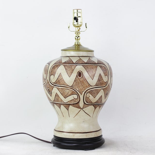 Vintage Tribal Pattern Ceramic Ginger Jar Table Lamps - a Pair For Sale - Image 4 of 13