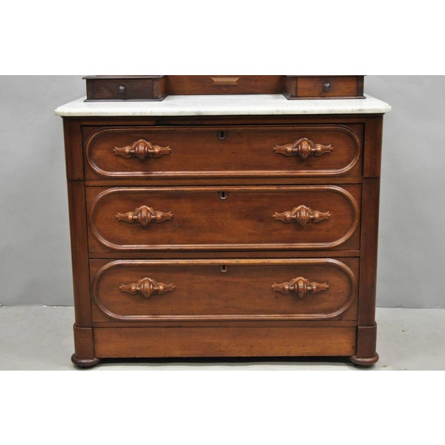 Wood Antique Eastlake Victorian Carved Walnut Marble Top Washstand Dresser W/ Mirror For Sale - Image 7 of 18
