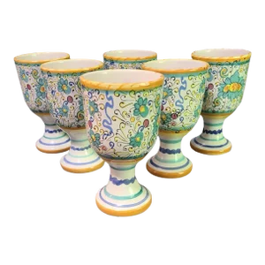 Late 20th Century Deruta Hand Painted Goblets Water Wine Cups Raffallesco Italy- Set of 6