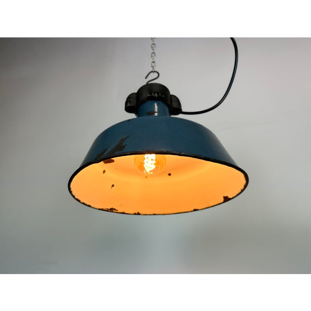 Industrial Blue Enamel Factory Lamp with Cast Iron Top, 1960s For Sale - Image 10 of 16
