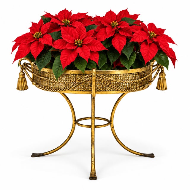 1960s 1960s Large Scale Italian Hollywood Regency Gilt Metal Tole & Tassel Planter Plant Stand For Sale - Image 5 of 8