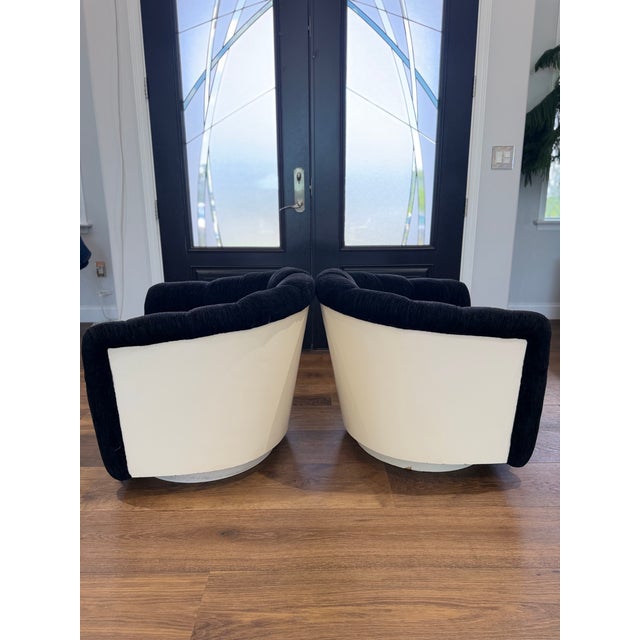 1970s Pair of 1973 Thayer Coggin Black Chenille Swivel Lounge Chairs on White Drum Bases For Sale - Image 5 of 18