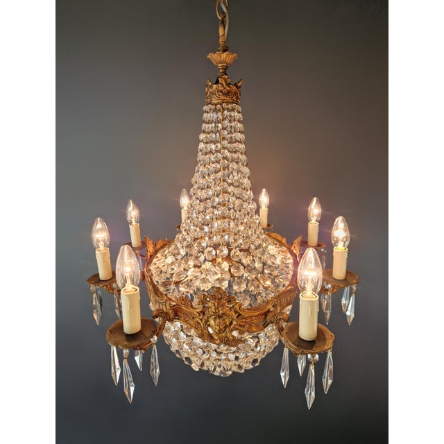 Antique Oval Crystal Chandelier Louis XVI Revival Empire Style Brass 12 Lights For Sale - Image 13 of 13