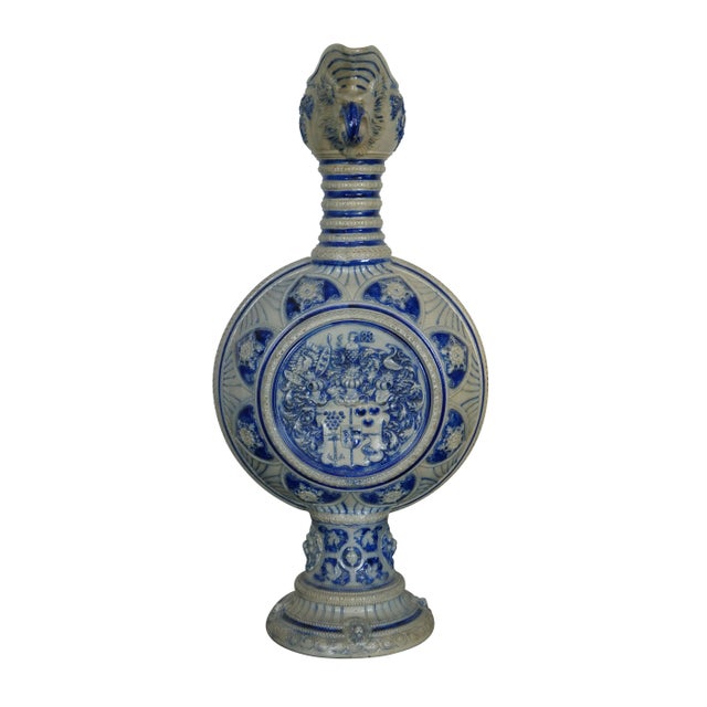 Rustic Antique German Westerwald Cobalt Blue Salt Glaze Stoneware Pitcher Jug Ewer For Sale - Image 3 of 12