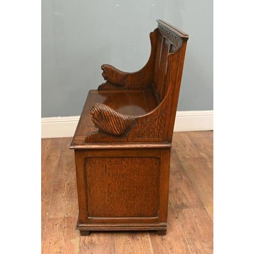 Wood Jacobean Revival Oak Monk's Settle Bench, 1910s For Sale - Image 7 of 8
