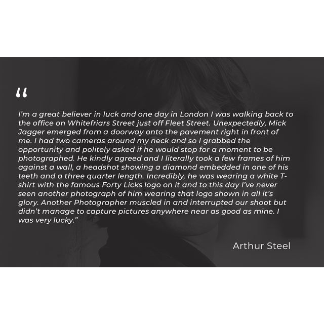 Mick Jagger wearing the famous Forty Licks t-shirt, on Whitefriars Street, London,1977 Renowned British photojournalist...