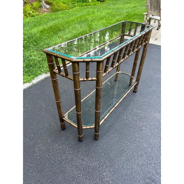 Faux Bamboo Bronze Metal and Glass Sofa Table For Sale - Image 10 of 18