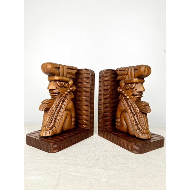 Mid-Century Modern Vintage Mexican Carved Wood Aztec Mayan Bookends- A Pair For Sale - Image 3 of 7