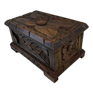 Vintage Carved Wooden Hinged Box For Sale