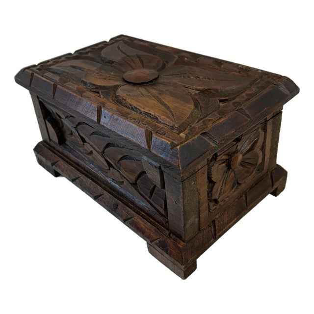 Vintage Carved Wooden Hinged Box For Sale