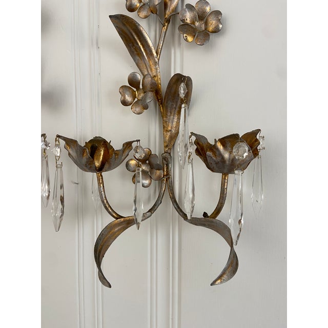 Gold Mid Twentieth Century Gold Gilded Italian Toleware Metal Candle Sconces, a Pair For Sale - Image 8 of 9