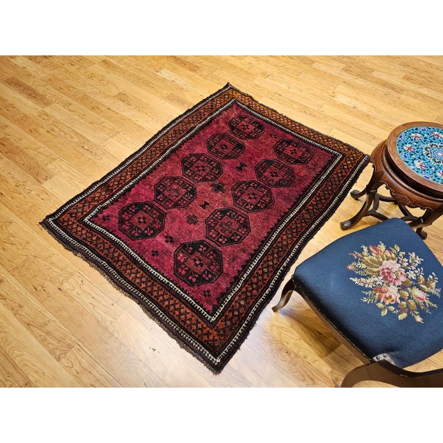 Textile Vintage Afghan Bokhara Area Rug, Hand-Knotted Wool, Allover Geometric Pattern, Plum & Burgundy, 4x5 For Sale - Image 7 of 17