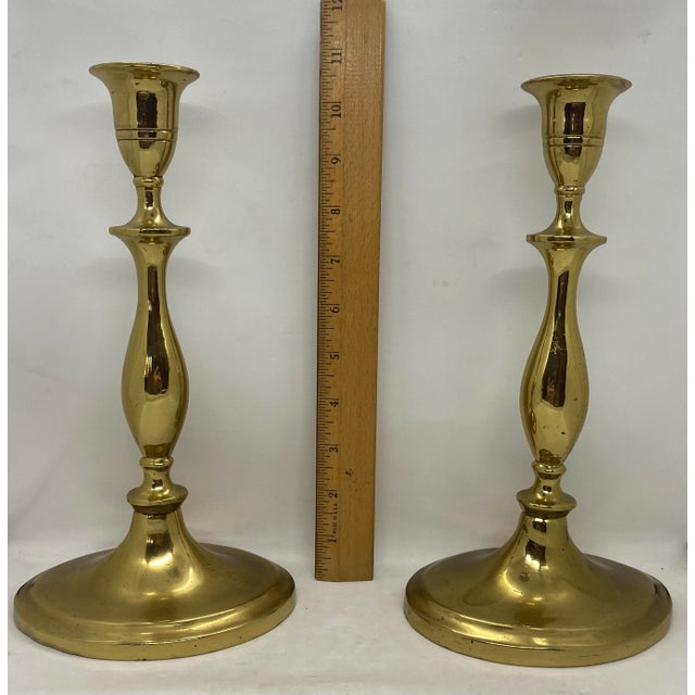 Antique Regency-Style Solid Brass Candle Holders With Oval Bases - a Pair For Sale - Image 9 of 12