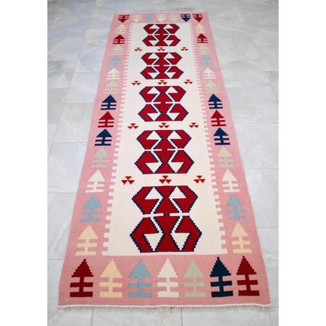 Textile Vintage Turkish Hand Woven Kilim Rug. Flat Weave Hallway Rug Kitchen Decor - 3′3″ × 9′6″ For Sale - Image 7 of 16
