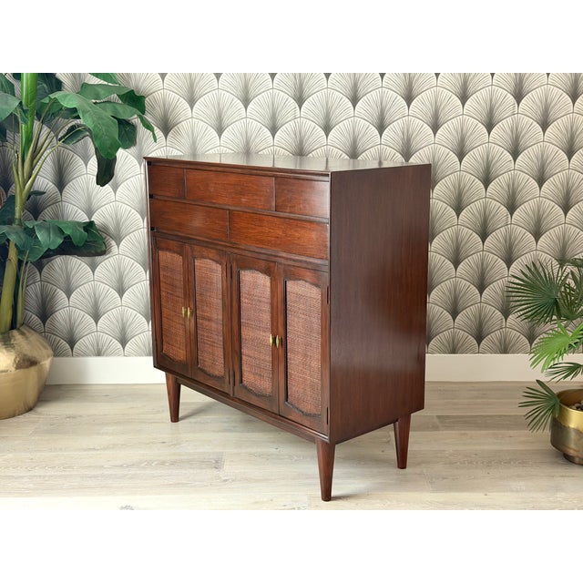 Vintage 1960s Mid-Century Modern Walnut Wood and Woven Rattan Highboy Chest Cabinet by R-Way For Sale - Image 13 of 16