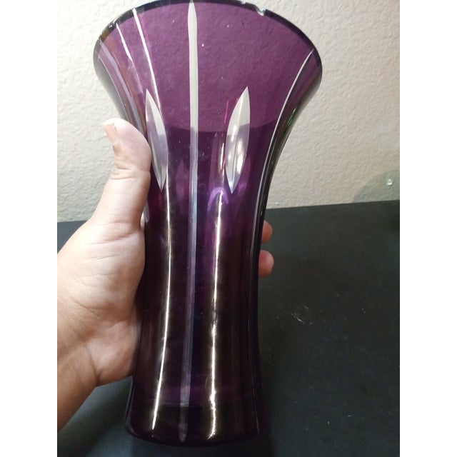 Vintage Signed Bohemian Cut Crystal Amethyst Fluted Vase For Sale - Image 4 of 5