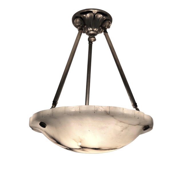 1930s French Art Deco Alabaster Pendant Light, White W/ Charcoal Grey Veining For Sale - Image 17 of 17