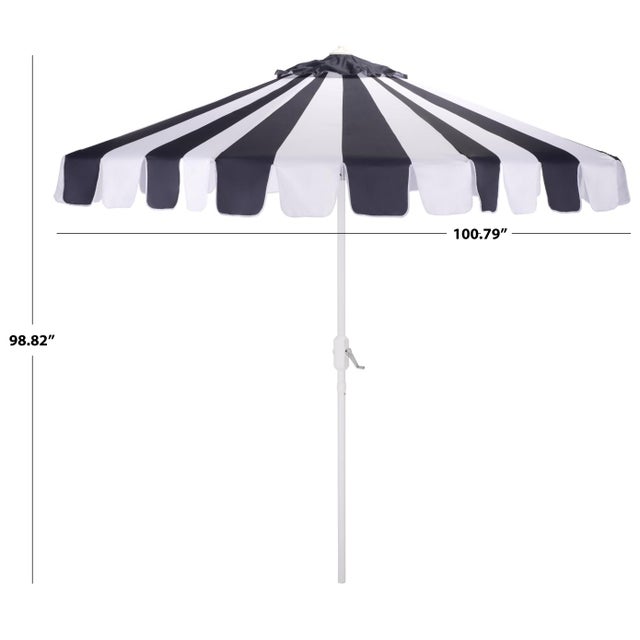 Modern Meze 9 Ft Crank Umbrella, Navy Cabana Stripe/White Pole For Sale - Image 3 of 9
