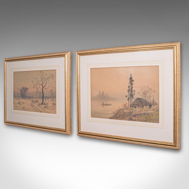 Mid-Century Modern Pair of Vintage Landscape Paintings, Oriental, Watercolour, Art, Mid Century For Sale - Image 3 of 12