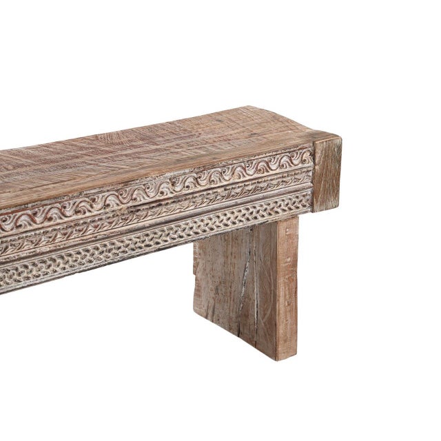 Handcrafted from solid teakwood, this Indian Carved Front Rustic Teakwood Bench features a boldly carved apron. It is a...