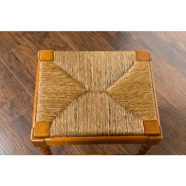 Vintage Pair of English Midcentury Faux Bamboo Walnut Stools with Rush Seats For Sale - Image 12 of 12