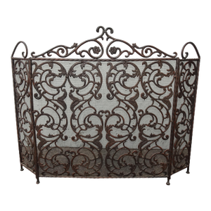 Vintage French Provincial Brown Scrolled Cast Iron Three Panel Fireplace Screen
