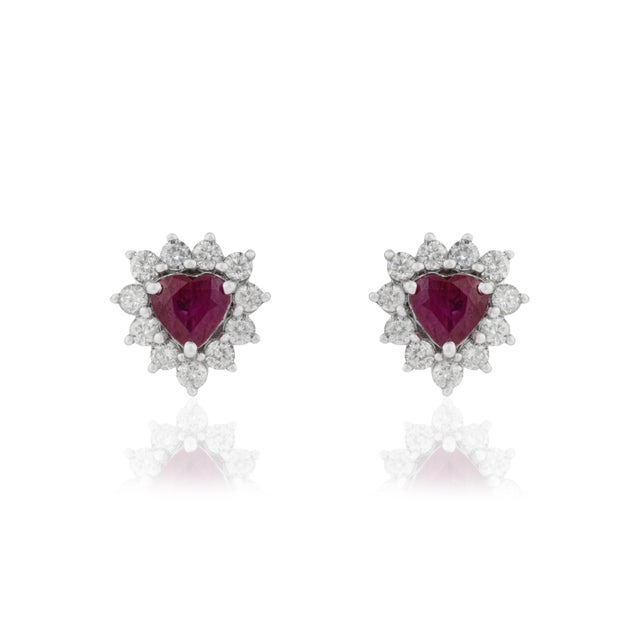Heart-Cut Ruby & Diamond Floral Halo Stud Earrings in 14k White Gold- A Pair For Sale - Image 4 of 14