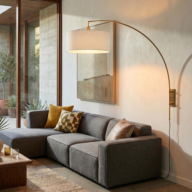 Mid-Century Modern Span Wall Mounted Arc Lamp - Weathered Brass Steel, White Fabric Drum Shade, Modern Elegance For Sale - Image 3 of 6