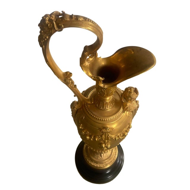 Pair of French Belle Époque Gilt Bronze Ewers on Marble Bases. Late 19th Century For Sale - Image 4 of 10