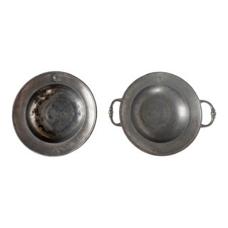 Antique European Pewter Porringer & Deep Plate Set, Rosette Marked, 9" For Sale