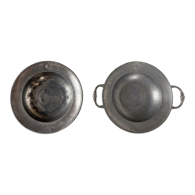 Antique European Pewter Porringer & Deep Plate Set, Rosette Marked, 9" For Sale