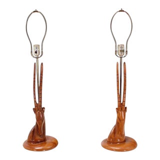 Vintage Mid Century Sculptural Carved Wood Gazelle Motive Walnut Table Lamps- a Pair For Sale