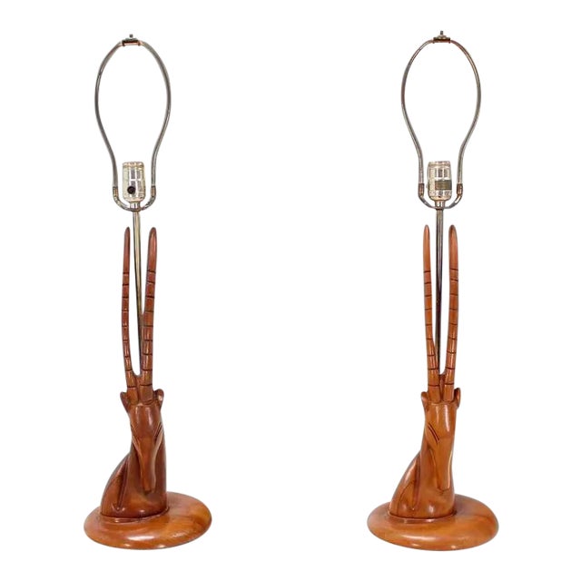 Vintage Mid Century Sculptural Carved Wood Gazelle Motive Walnut Table Lamps- a Pair For Sale
