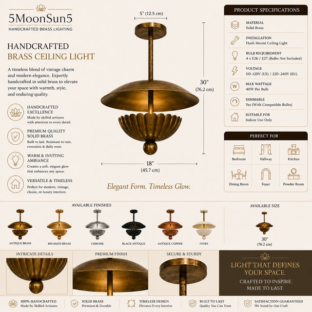 Antique Brass Flush Mount Ceiling Light, Handmade Brass Flower Petal Ceiling Fixture, Art Deco Ceiling Lamp for Bedroom Hallway Dining Room 18x30 For Sale - Image 6 of 13