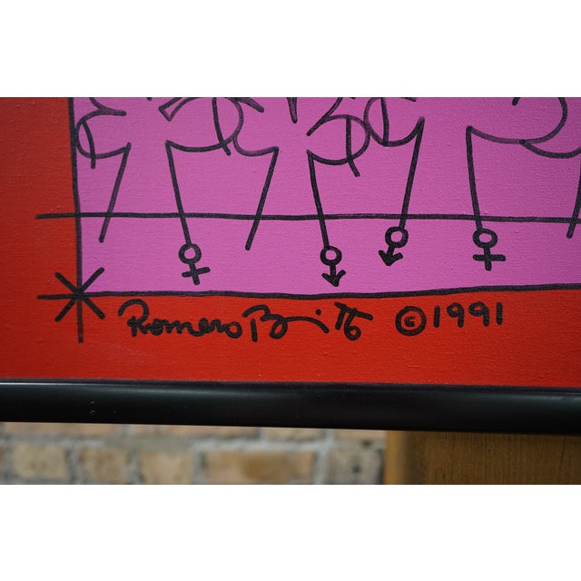 1990s Romero Britto Original Painting on Canvas in Pink, Red and Black Dated 1991 For Sale - Image 5 of 5