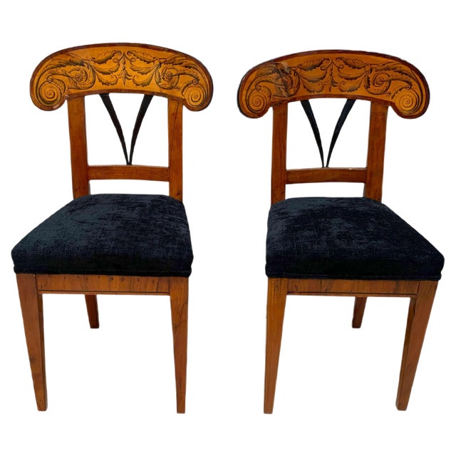 Set of Pair of Biedermeier Shovel Chairs, Walnut, Ink Painting, South Germany, 1830s For Sale