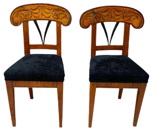 Set of Pair of Biedermeier Shovel Chairs, Walnut, Ink Painting, South Germany, 1830s