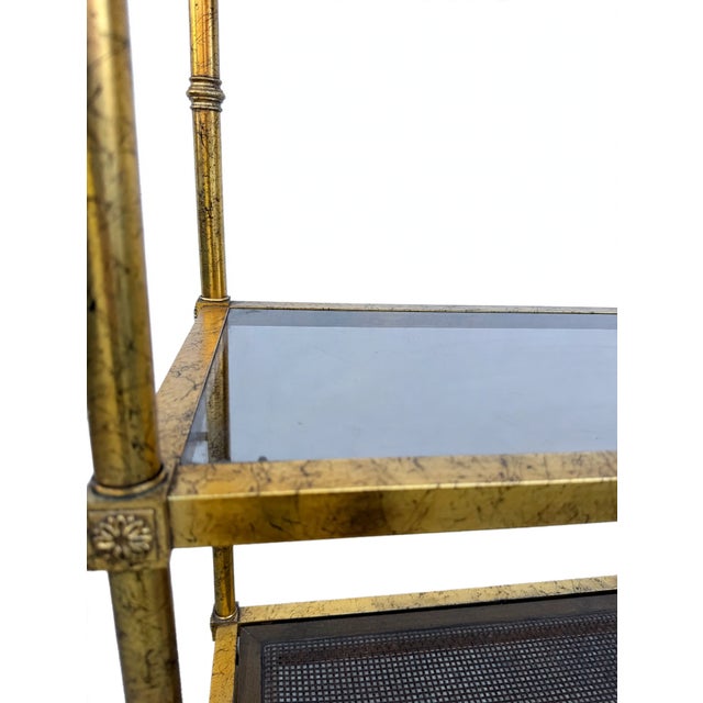 Vintage Italian Gold Gilt Faux Bamboo Étagère – Hollywood Regency Metal Bookcase With Smoked Glass & Cane Shelves For Sale - Image 9 of 9