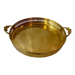 Vintage Mid Century Regency Brass Round Tray With Floral Handles For Sale