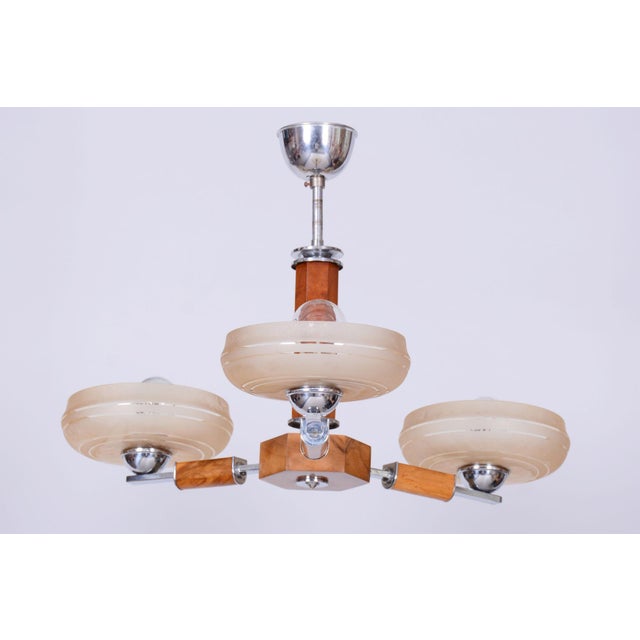 Art Deco Chandelier in Chromed Steel, Walnut and Glass, Czech, 1920s For Sale - Image 9 of 9