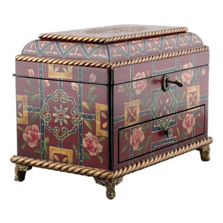 Hand-Painted Folk Art Tole-Style Jewelry Chest For Sale