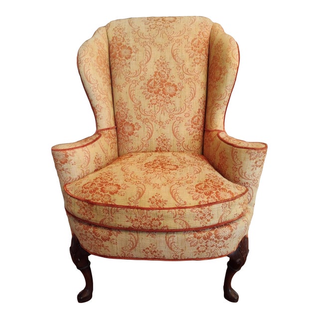 Vintage Queen Anne Wingback Chair in Damask and Chenille Piping Chairish