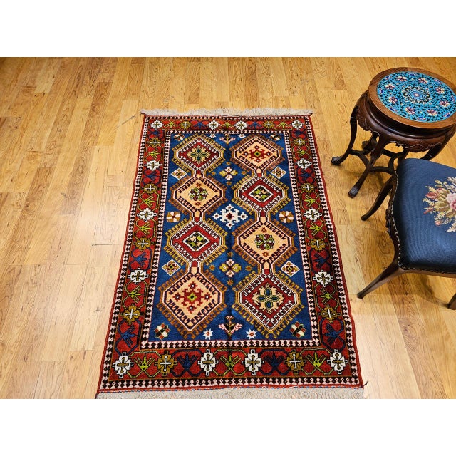 Persian Vintage Persian Shiraz Yalameh Tribal Area Rug, Hand-Knotted Wool, Allover Geometric Pattern, Blue & Red, 3x5 For Sale - Image 3 of 17