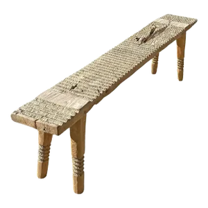 Teak Wood Sculptural Bench, Carved Detailing, Modern Organic