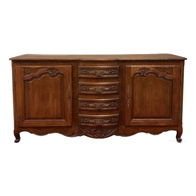 Antique French Louis XV Bow Front Buffet Sideboard Server Carved Oak C. 1930s For Sale