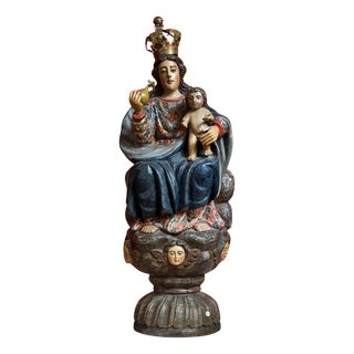 Spanish Virgin and Child in Polychrome Wood on Cloud with Cherubs For Sale