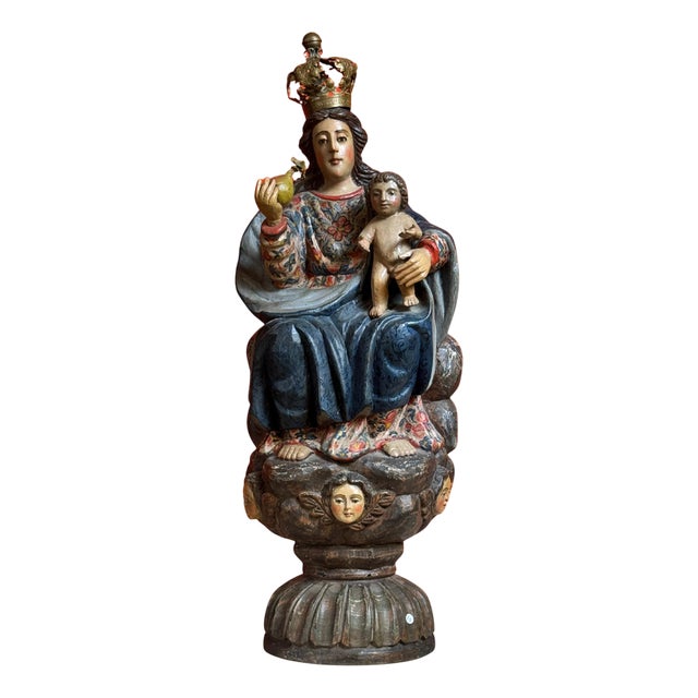 Spanish Virgin and Child in Polychrome Wood on Cloud with Cherubs For Sale