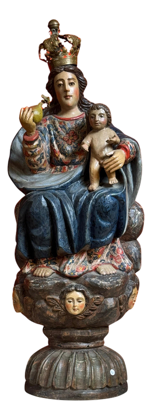 Spanish Virgin and Child in Polychrome Wood on Cloud with Cherubs